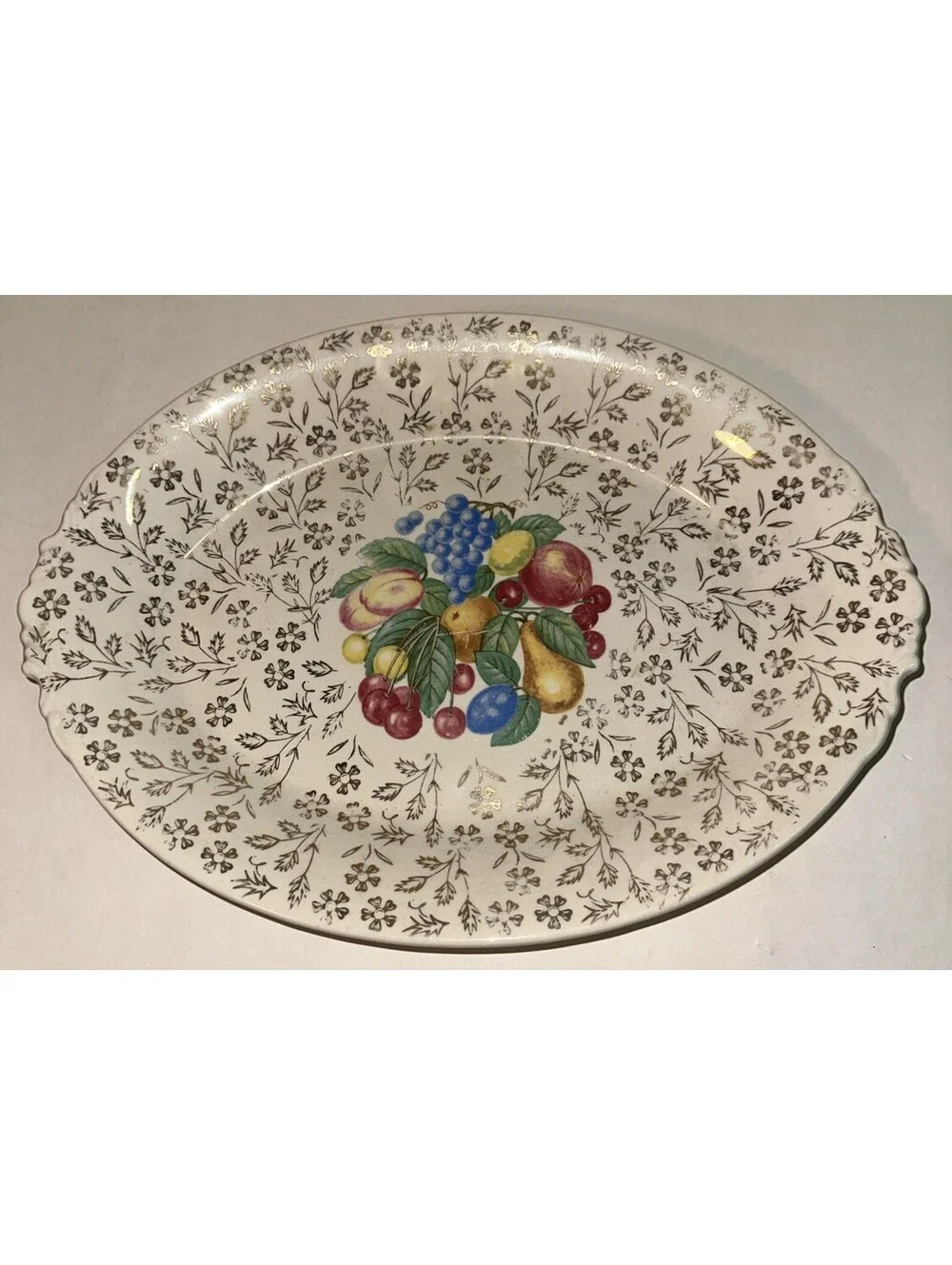 Warranted 22 Karat Gold Floral Oval Serving Platter Scalloped Edge Made in USA